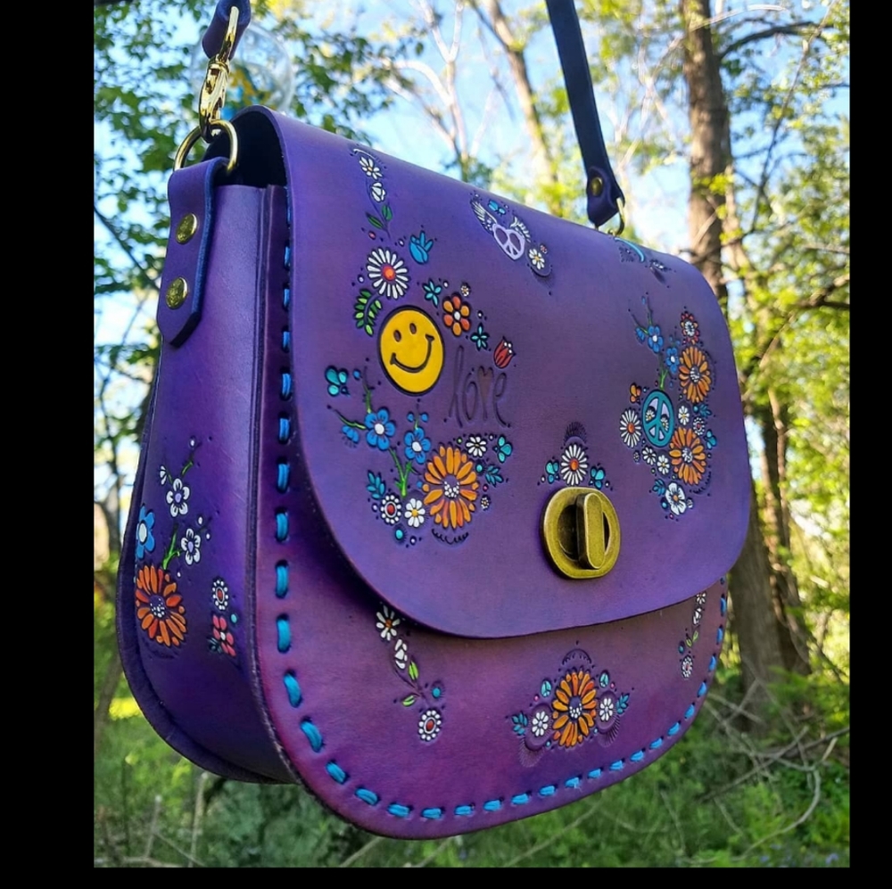 Custom made artist designed purple bag/purse spring summer true leather
